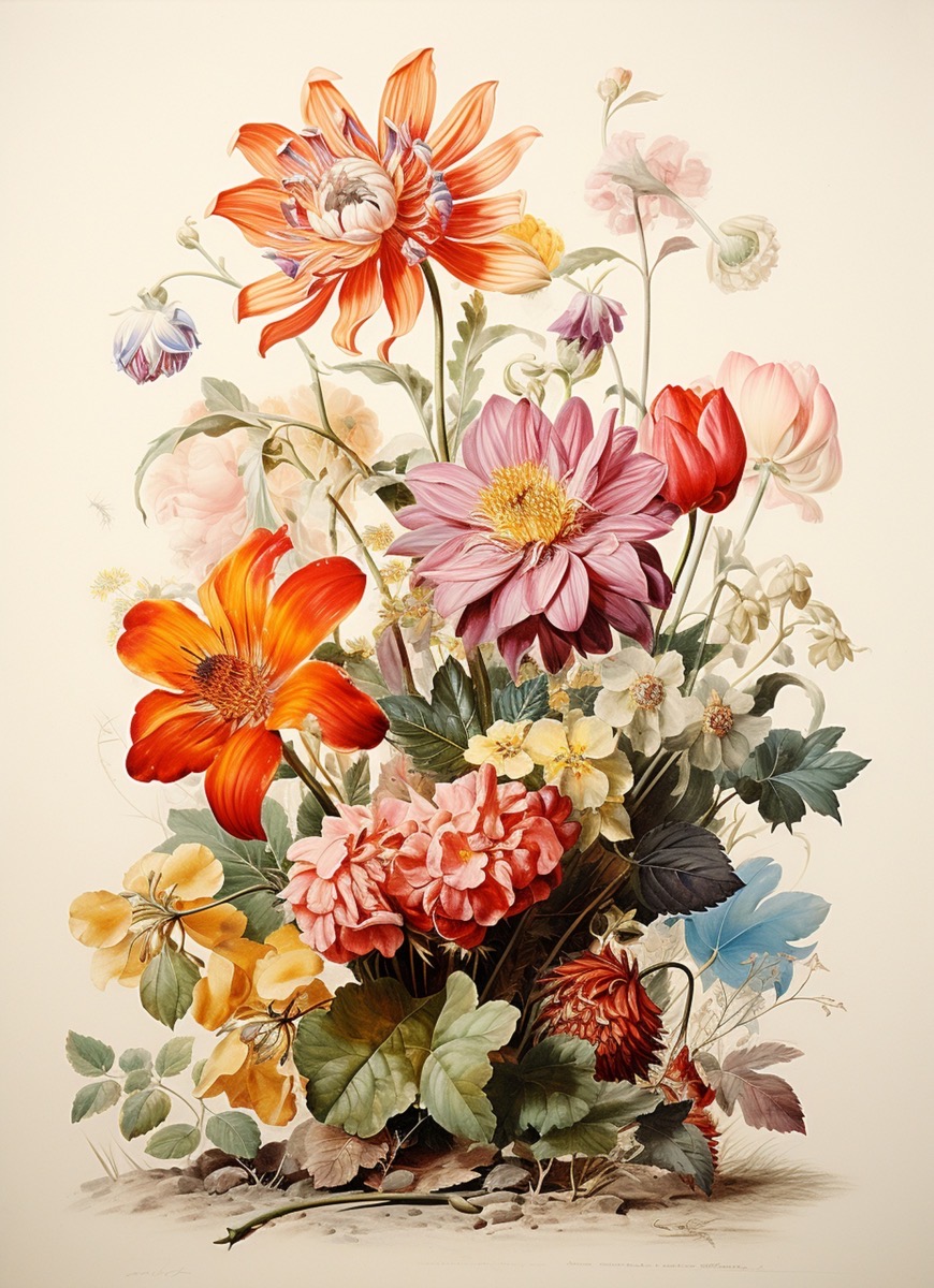 Vintage botanical painting of a bouquet of garden flowers